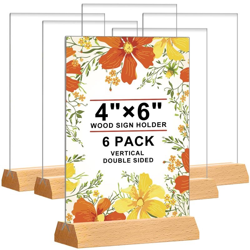 DunGu Acrylic Sign Holder 4 x 6 - Wedding Table Number Holder with Wood Base  Double Sided Picture Frames  6Pack Clear Table Menu Display Stand for Centerpiece Decoration Party Restaurants Office Store - Image 1